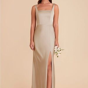Birdy Grey Matte Satin Neutral Champagne Maxi Dress with Slit